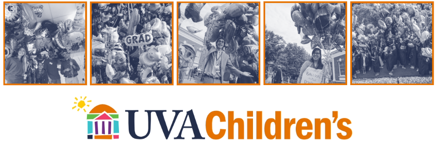 Five pictures of people collecting balloons for UVA Children's Hospital and the Logo for UVA children's hospital 