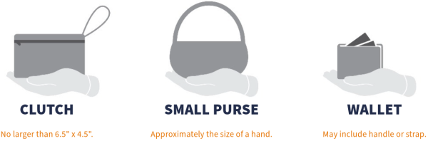 Small clutches, purses and wallets that are approximately the size of your hand or are no larger than 6.5 inches by 4.5 inches are allowed into final exercises. 